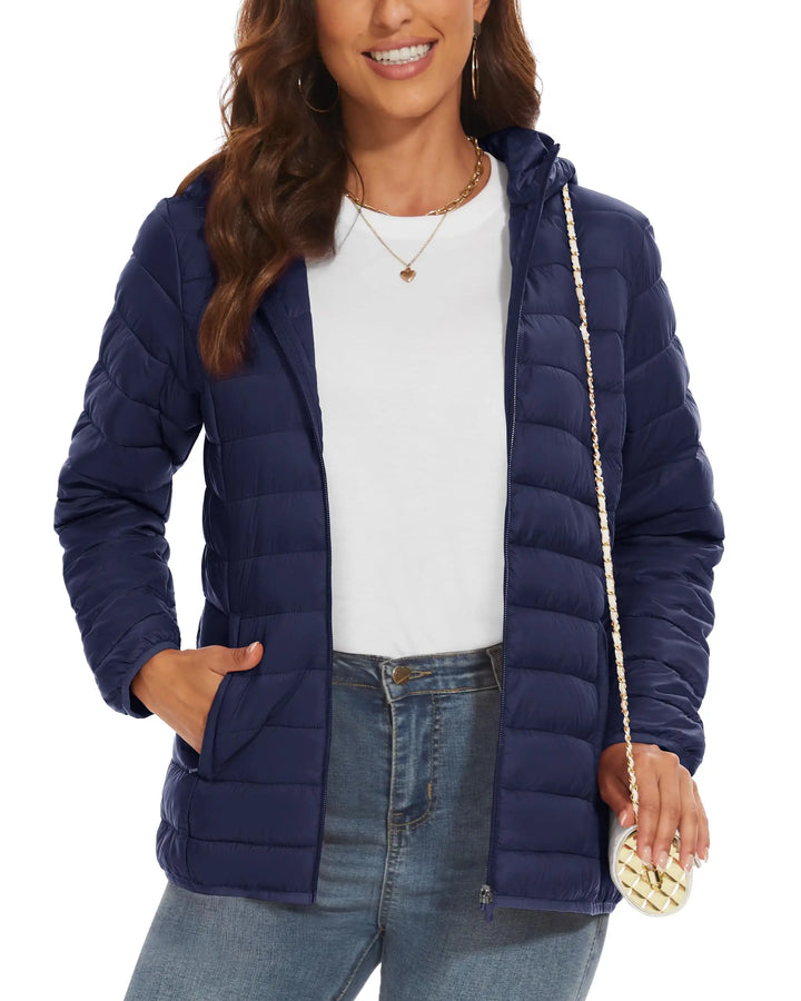 Women's Hooded Puffer Jacket, Lightweight Quilted Padded Windbreaker Coat