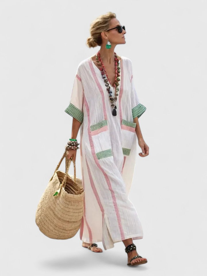 Women's Two-Tone Relaxed-Fit Maxi Dress in White Light Pink