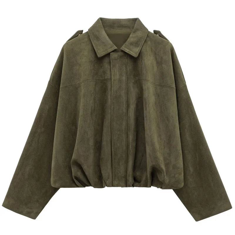 Women's Suede Bomber Jacket, Cropped Lapel Zip Up Moto Racing Coat