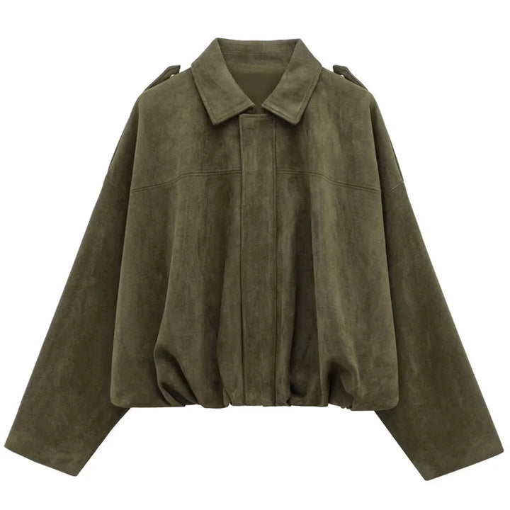 Women's Suede Bomber Jacket, Cropped Lapel Zip Up Moto Racing Coat