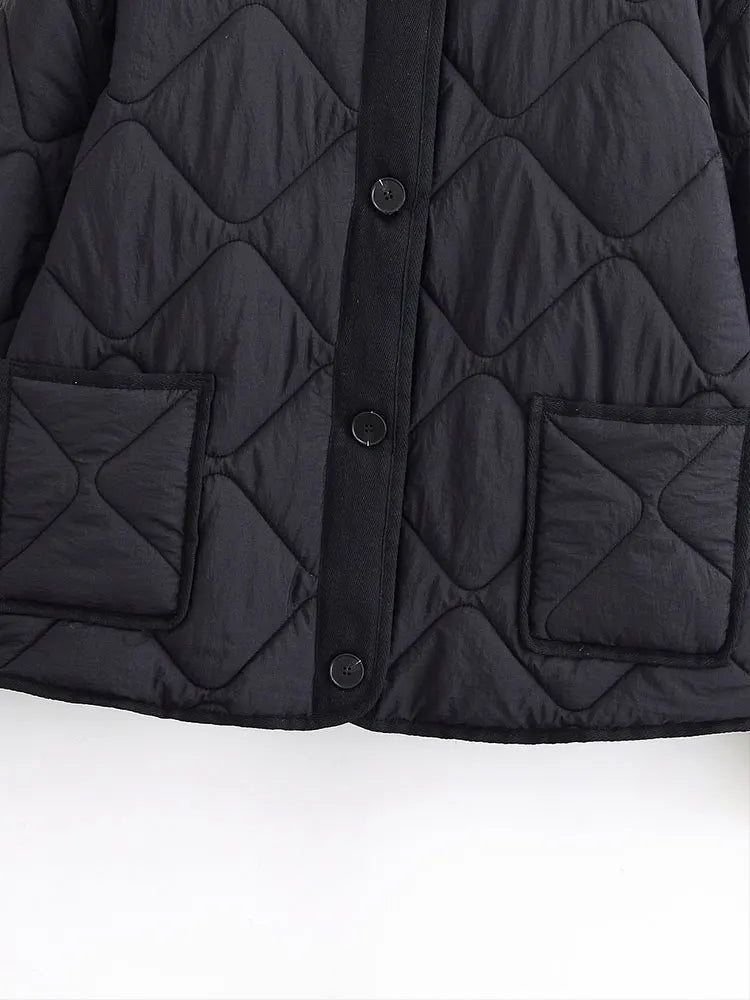 Women's Black Quilted Collarless Button-Front Jacket, view 5