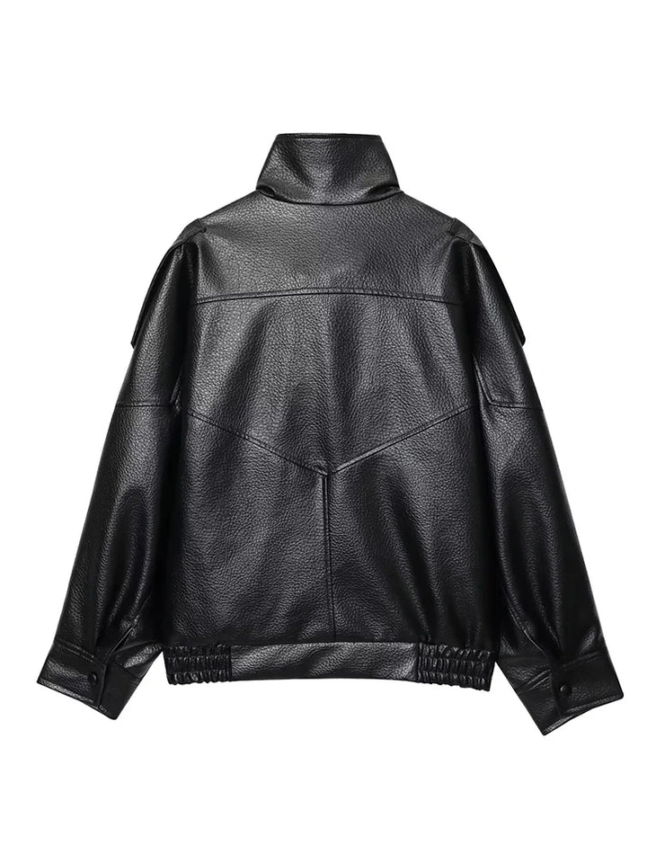 Women's Faux Leather Jacket, Loose Moto Biker Fall Winter Coat