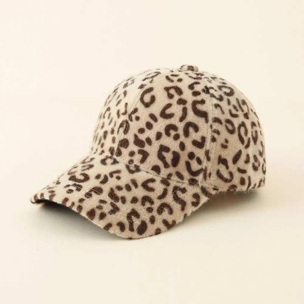 Women's Plush Winter Baseball Cap with Extended Brim in Leopard