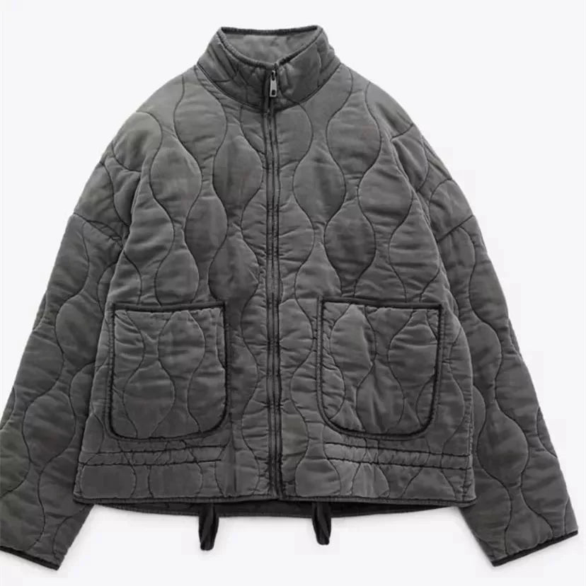 Women's Quilted High-Collar Jacket with Large Pockets in Dark Gray