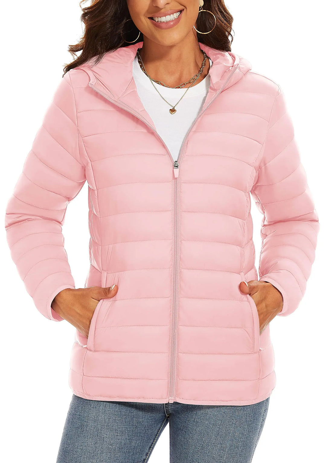Women's Hooded Puffer Jacket, Lightweight Quilted Padded Windbreaker Coat