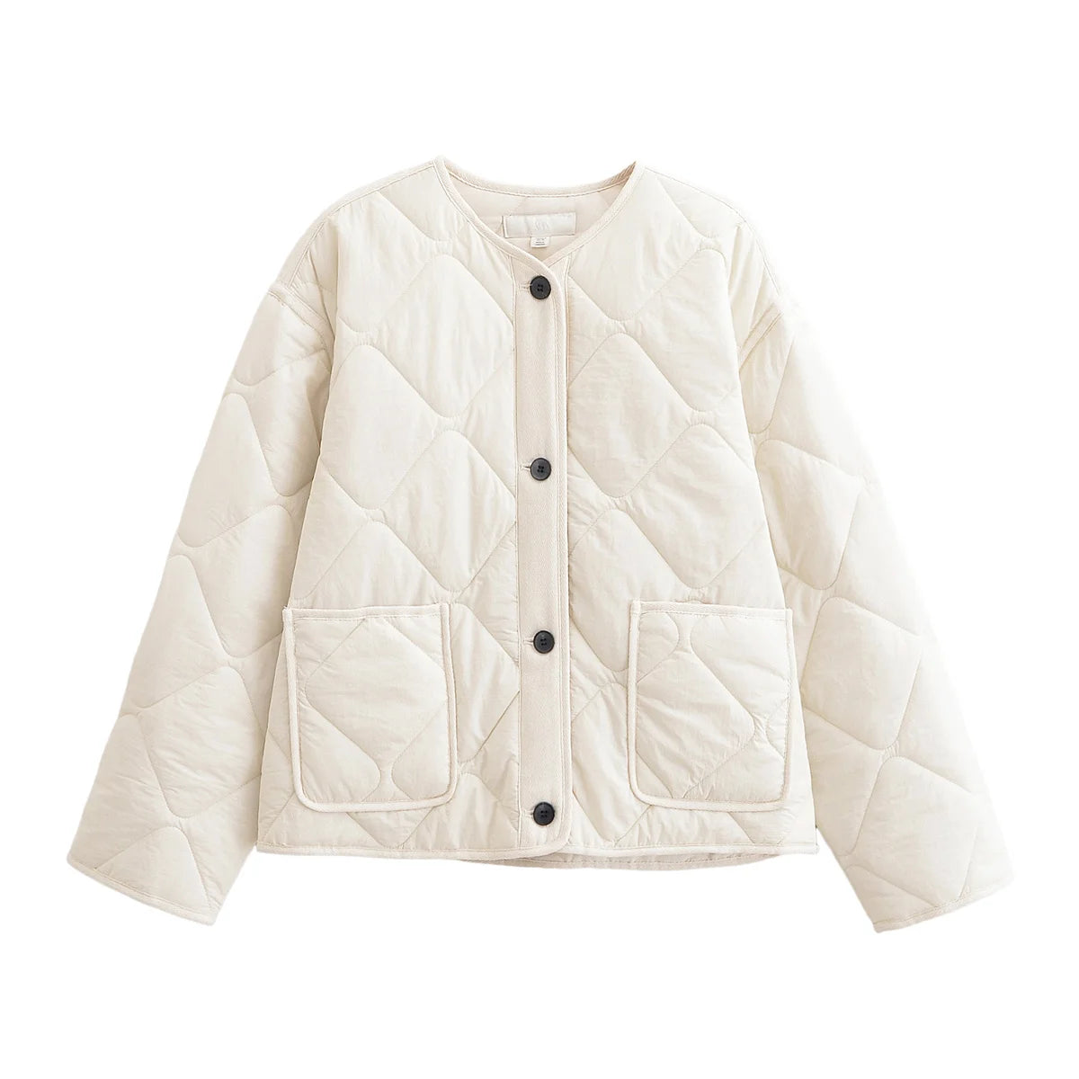 Women's Black Quilted Collarless Button-Front Jacket, view 9