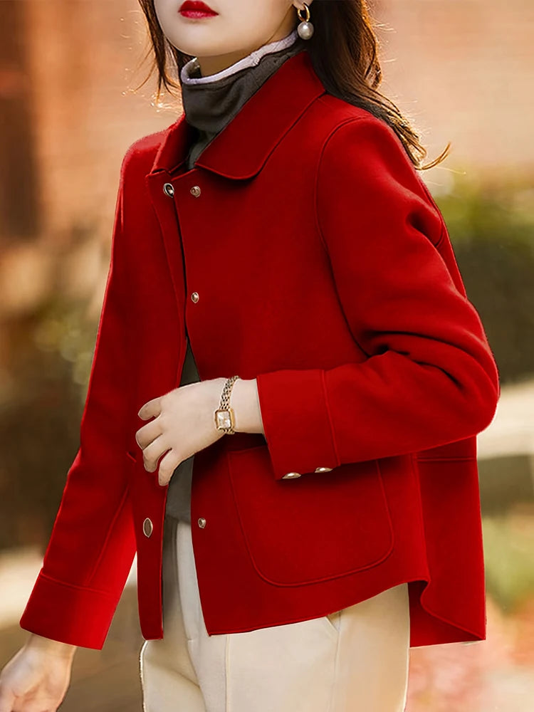 Women's Short Wool Blend Button-Front Coat in Red