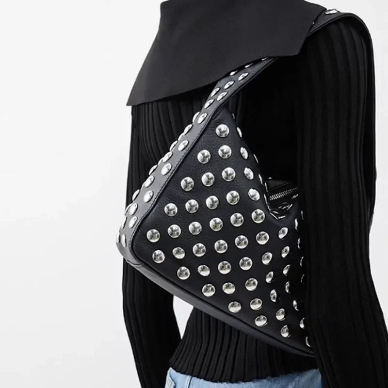 Women's Black Studded Faux Leather Top Handle Bag, view 2