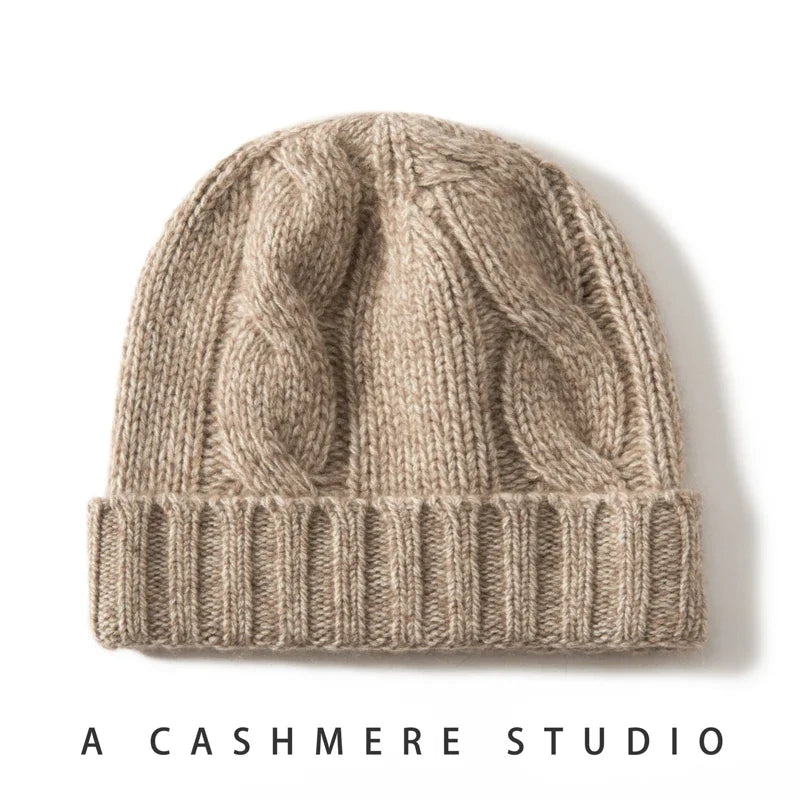 Women's Chunky Cable Cashmere Beanie with Ribbed Cuff, view 22