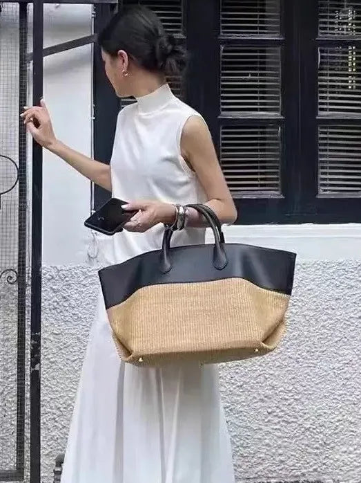 Women's Black Woven Raffia Color-Block Tote Bag, view 5