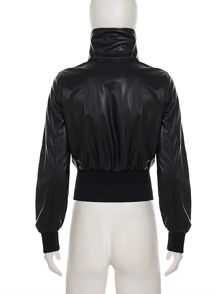 Women's Faux Leather Jacket, Vintage Zip Up Moto Streetwear Coat