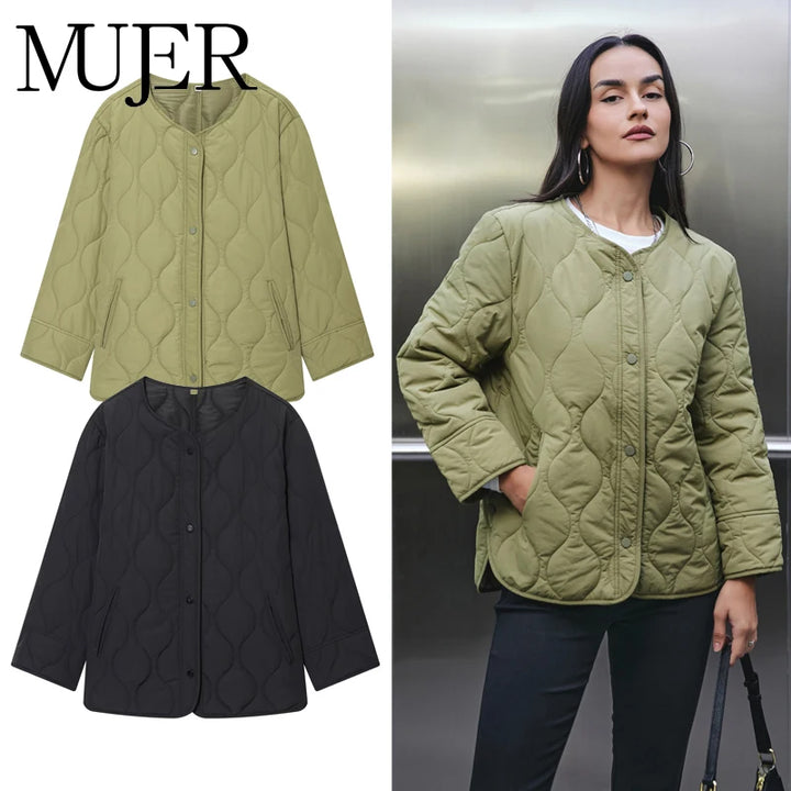 Women's Quilted Jacket, Black Padded Long Sleeve Winter Coat