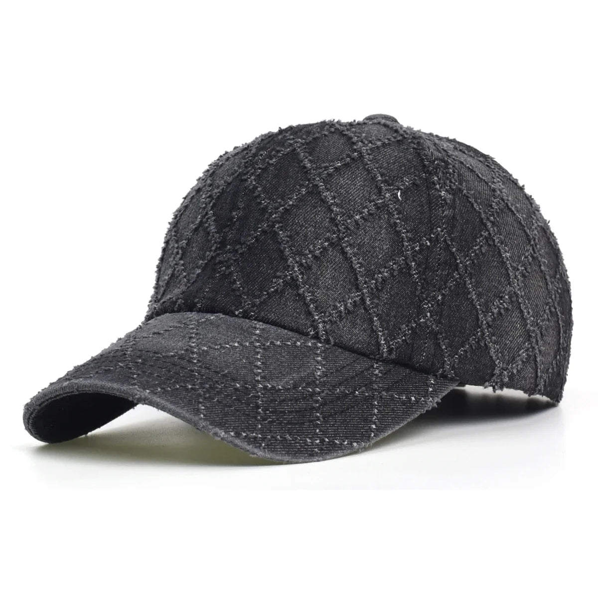 Women's Quilted Denim Baseball Cap with Frayed Edges in Black