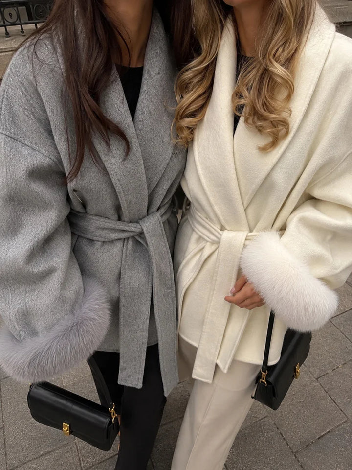 Women's Wool Coat, Double Sided Short Overcoat with Collar Detail