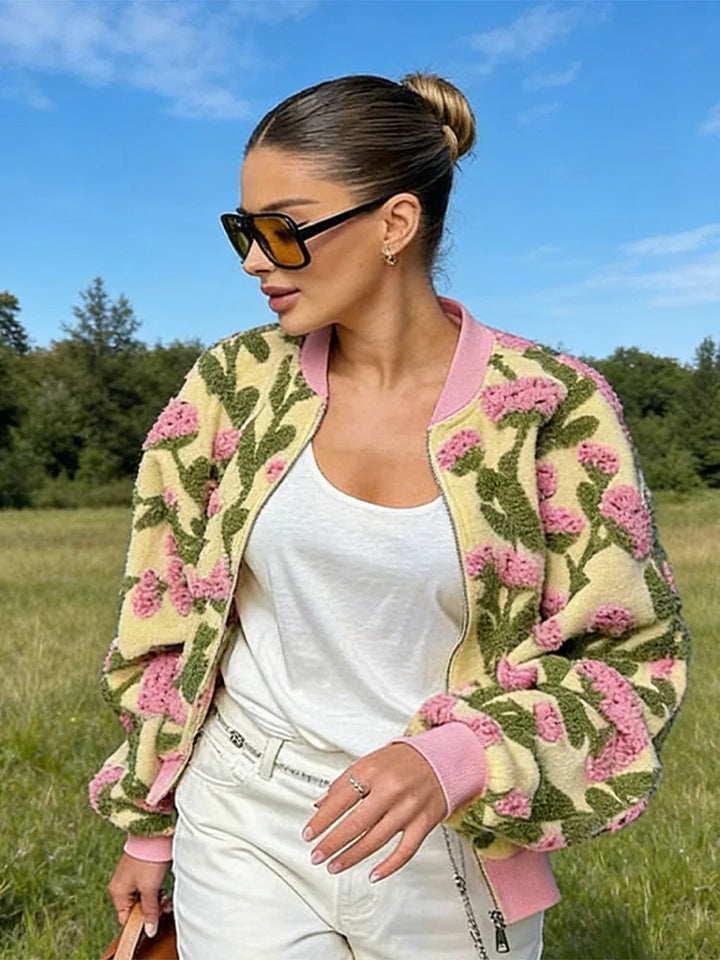Women's Fleece Bomber Jacket, Oversized Zip Up Plush Coat