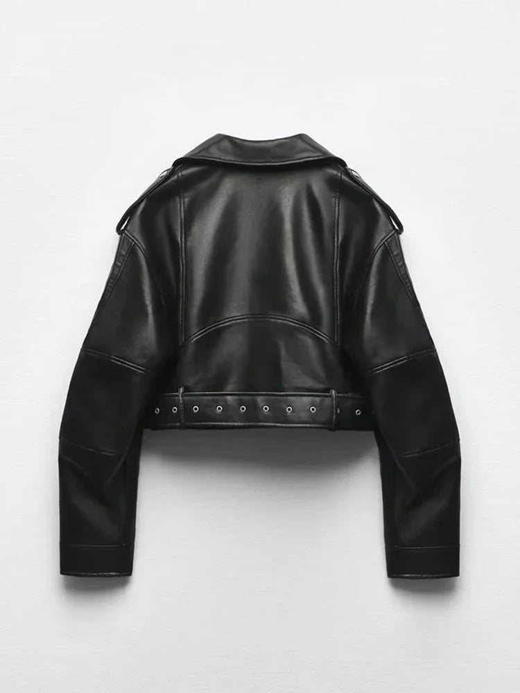 Women's Black Oversized Belted Faux Leather Biker Jacket, view 2
