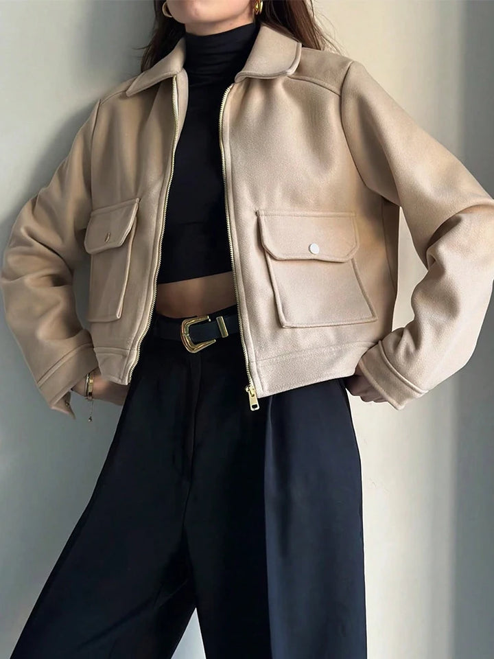 Women's Short Zip Up Jacket, Winter Pocket Coat Elegant Outerwear