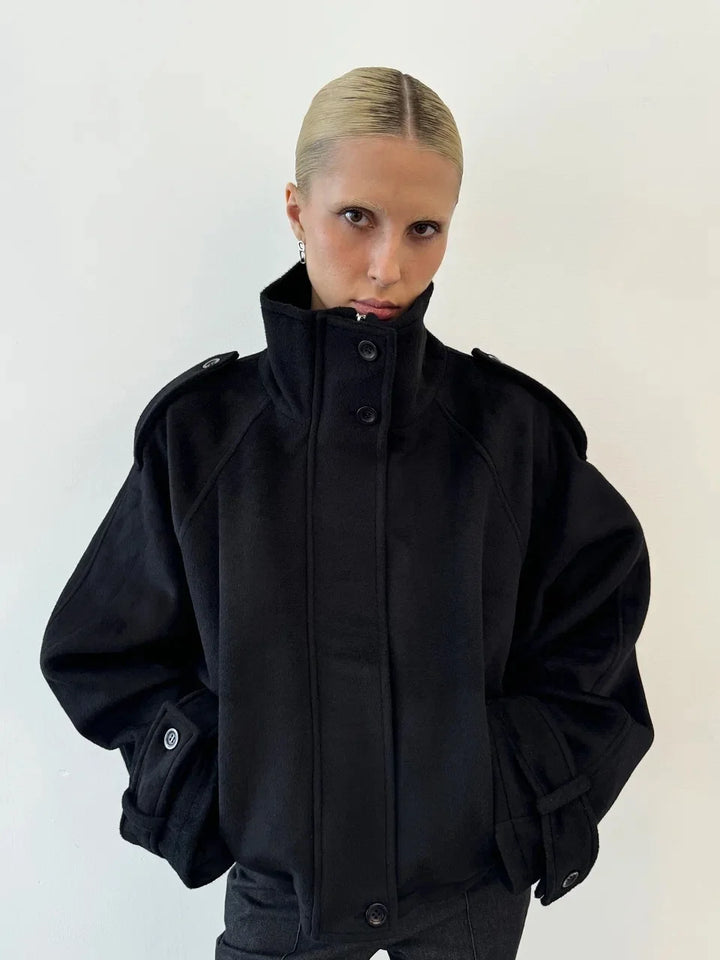 Women's Stand Collar Coat, Single Breasted Short Wool Blend Work Jacket