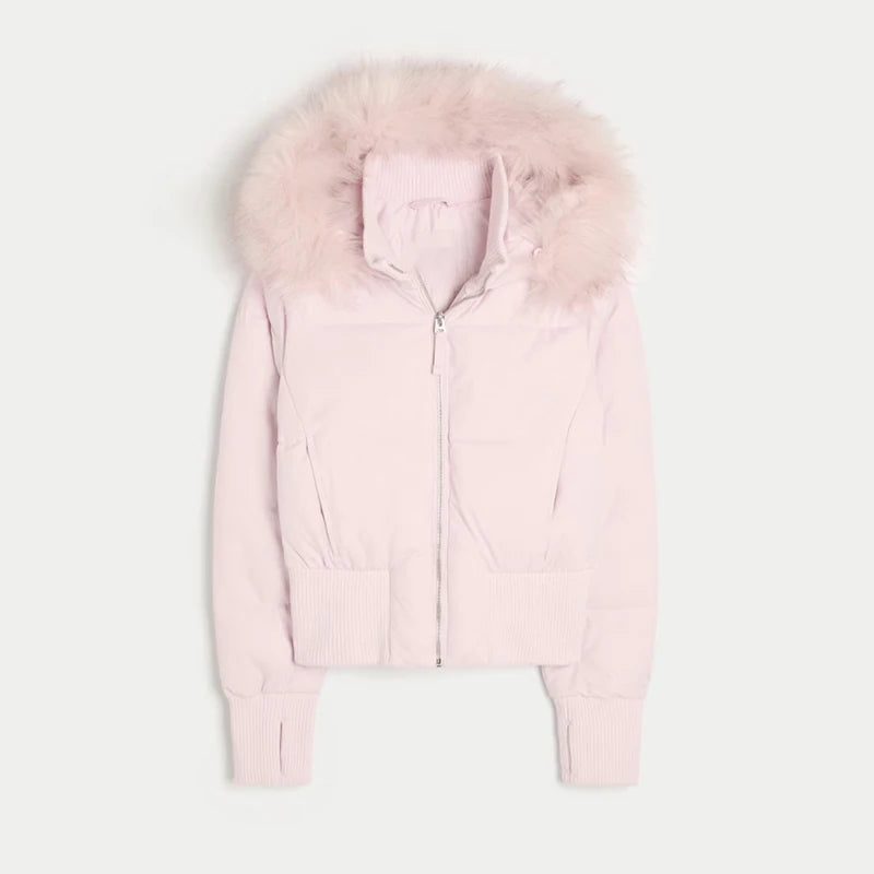 Women's Blue Hooded Quilted Puffer Coat with Stand Collar, view 10