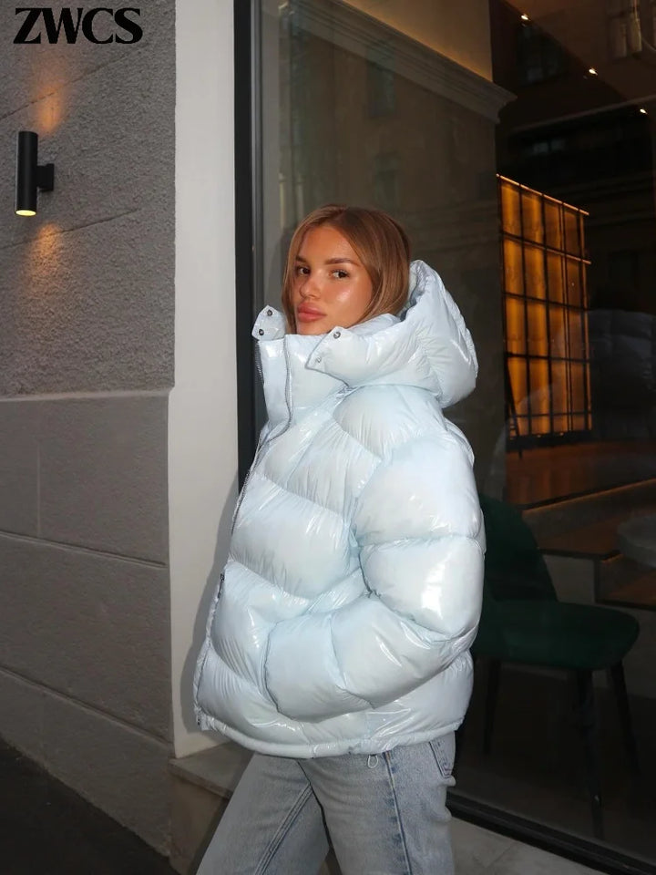 Women's Cropped Puffer Jacket, Glossy Hooded Zip Up Short Winter Coat