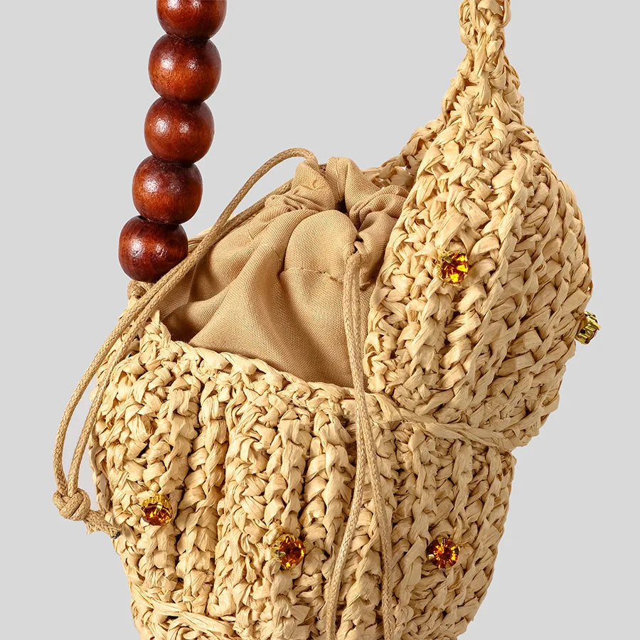 Women's Beige Woven Shell Bag with Wooden Bead Handle, view 4