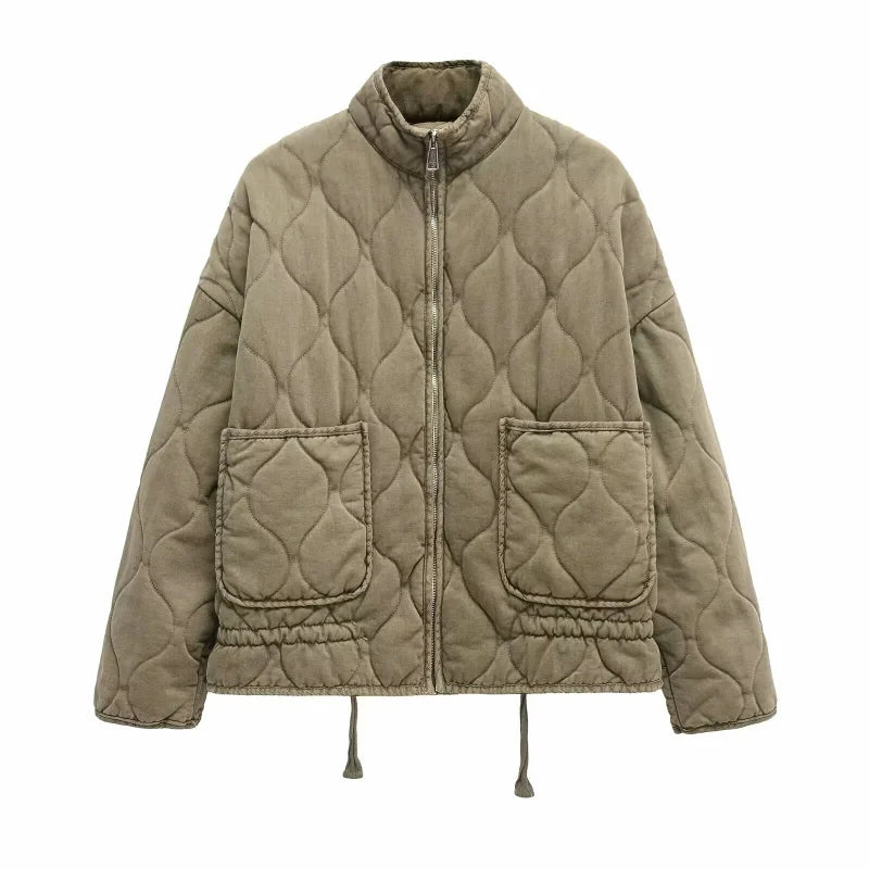 Women's Quilted High-Collar Jacket with Large Pockets in Army Green