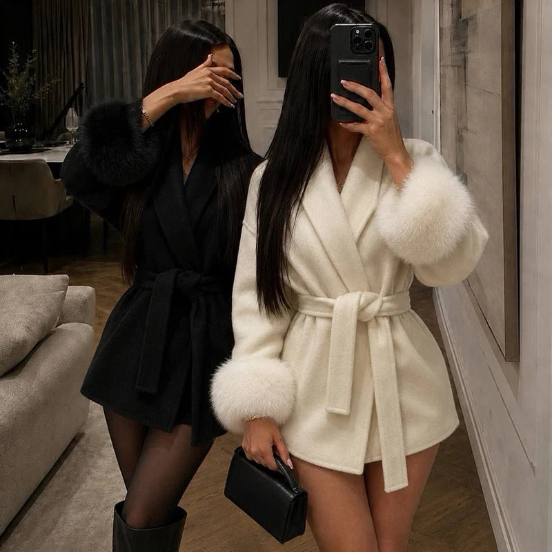 Women's Wool Blend Coat, Double Sided Short Overcoat with Fur Collar