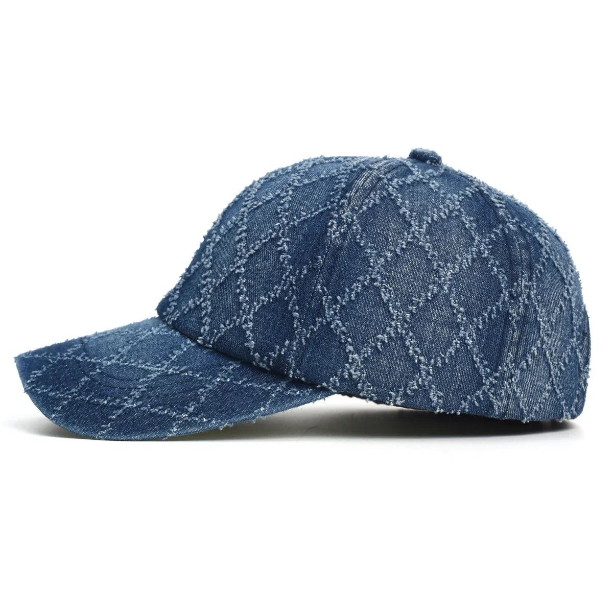 Women's Quilted Denim Baseball Cap with Frayed Edges, view 9