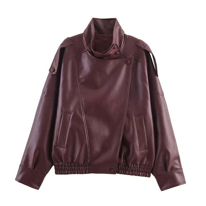 Women's Faux Leather Jacket, Pebble Grain Moto Biker Coat