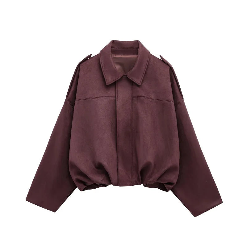 Women's Bomber Jacket, Faux Suede Zip Up Oversized Varsity Coat