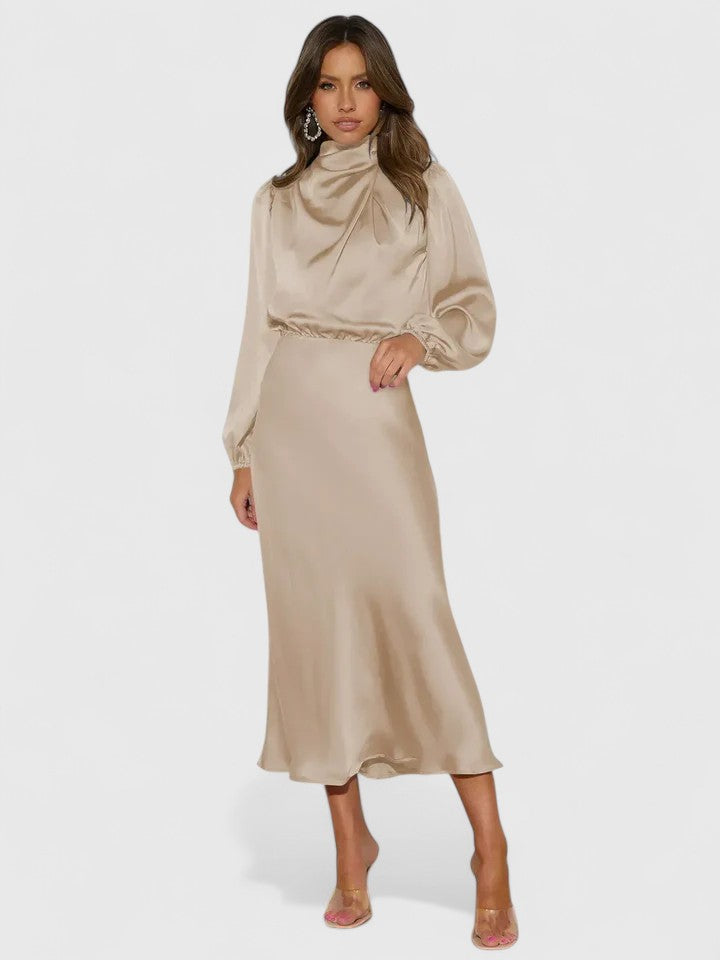 Women's High Neck A-Line Maxi Dress with Lantern Sleeves in Beige