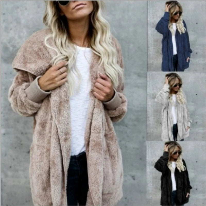 Women's Fleece Jacket, Oversized Hooded Sherpa Cardigan Coat