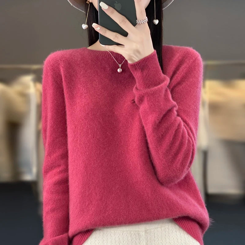 Women's Merino Wool Sweater, Crew Neck Soft Knit Winter Pullover