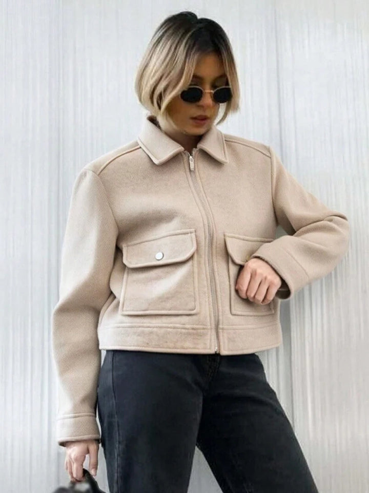 Women's Short Zip Up Jacket, Winter Pocket Coat Elegant Outerwear