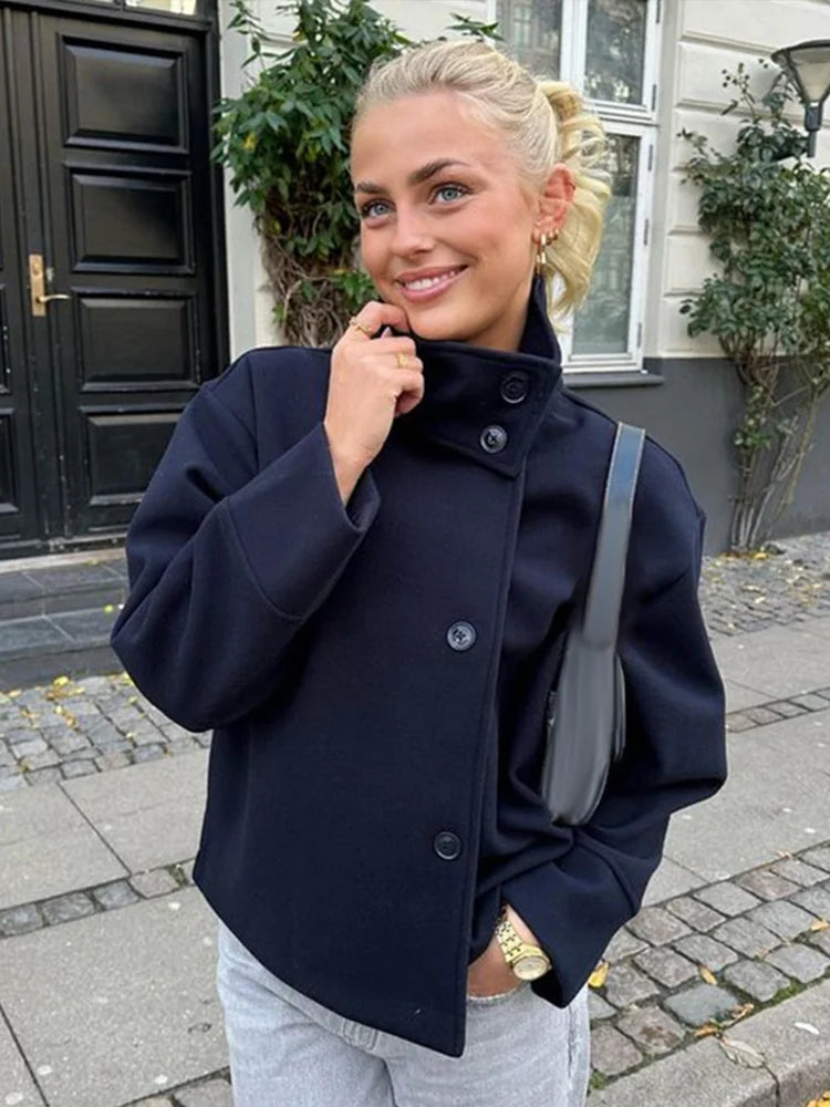 Women's Stand Collar Coat, Single Breasted Short Wool Blend Work Jacket