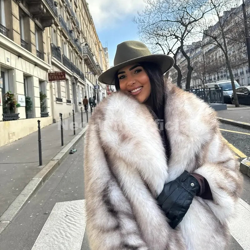 Women's Striped Faux Fur Jacket with Fluffy Collar, view 4