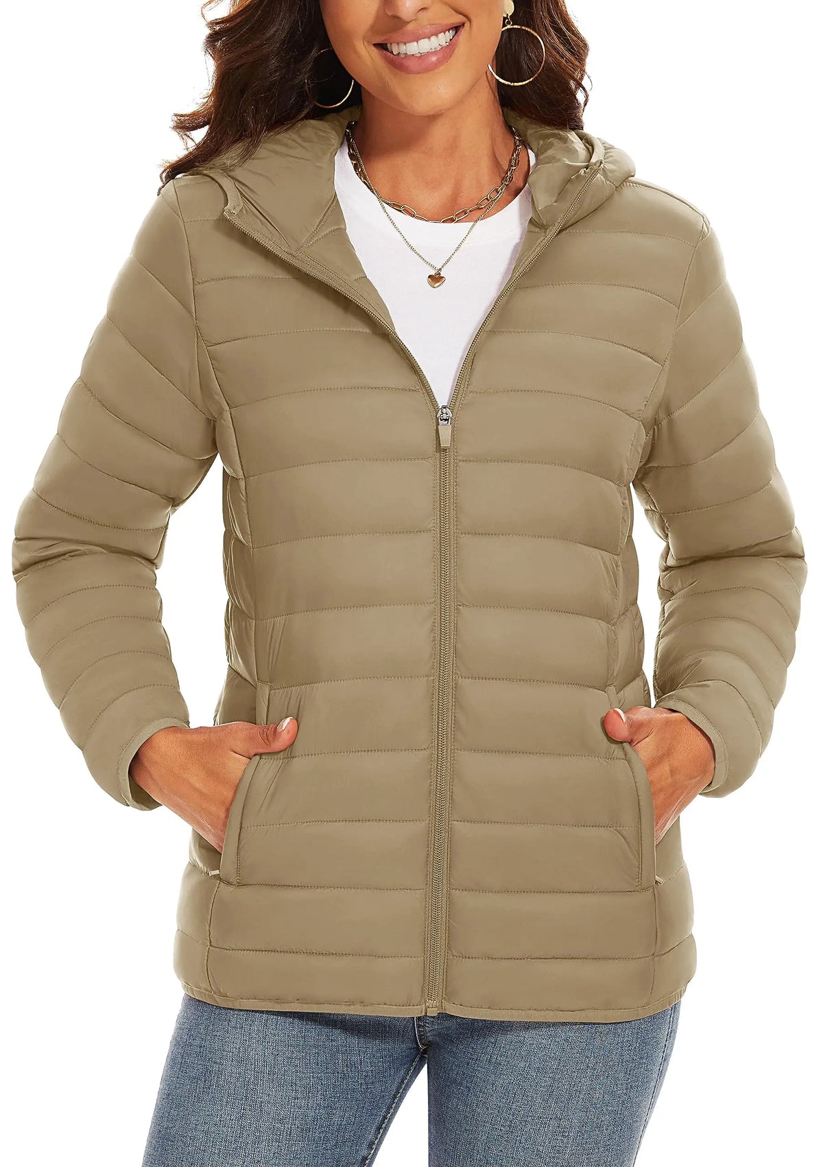 Women's Lightweight Hooded Quilted Puffer Jacket in Khaki