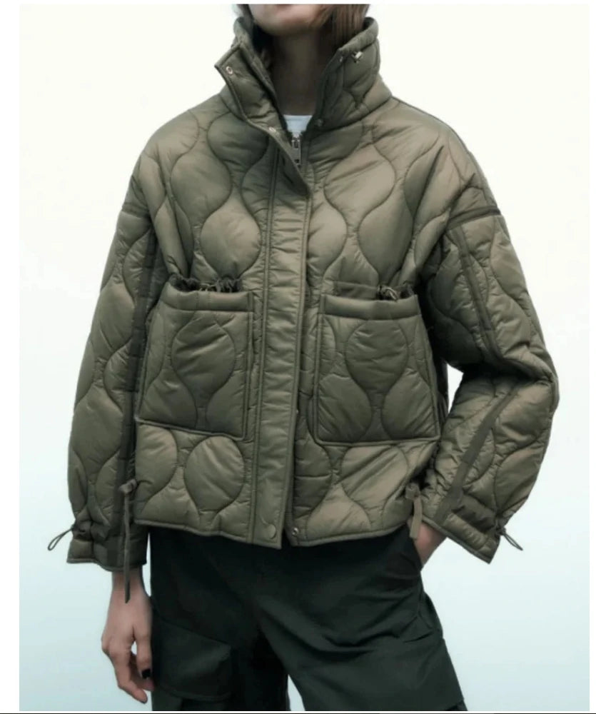 Women's Quilted Jacket, Drawstring High Neck Padded Coat with Pockets
