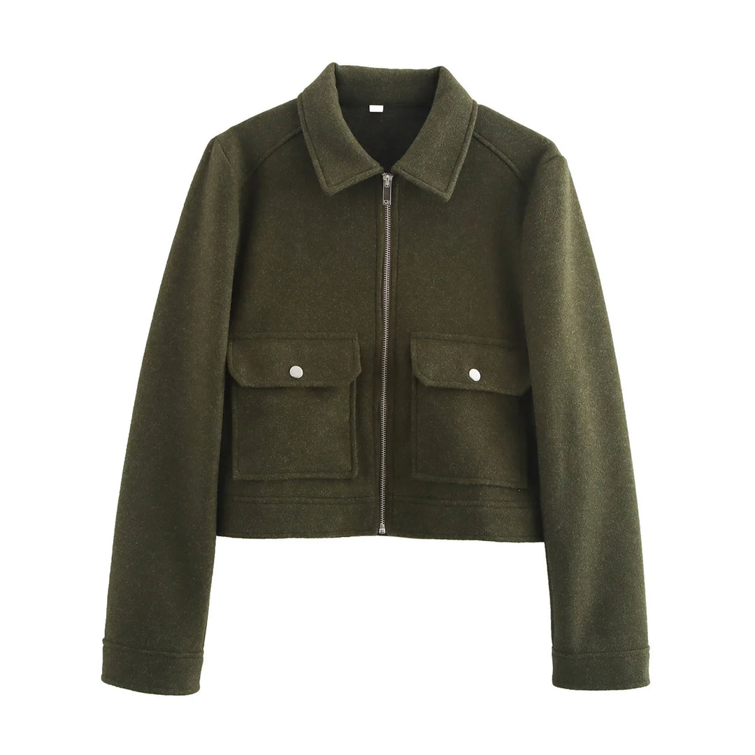 Women's Short Zip Up Jacket, Winter Pocket Coat Elegant Outerwear