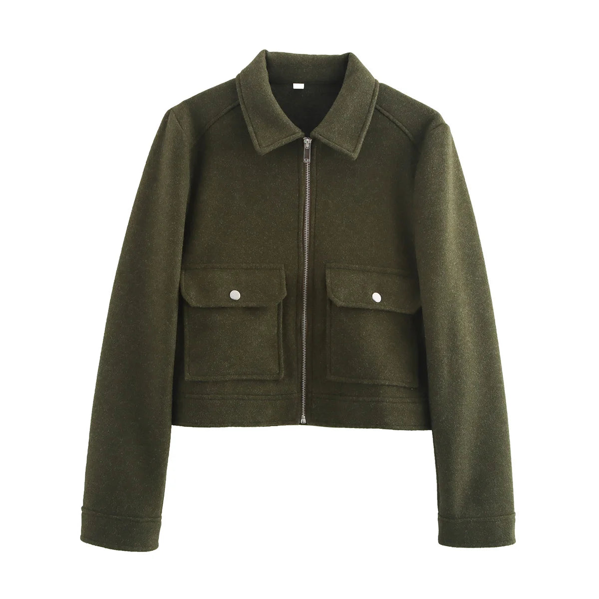 Women's Short Zip-Up Jacket with Side Pockets in Army Green