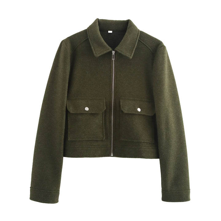 Women's Short Zip Up Jacket, Winter Pocket Coat Elegant Outerwear