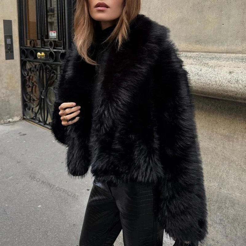 Women's Faux Fur Coat, Shawl Collar Short Fluffy Winter Jacket