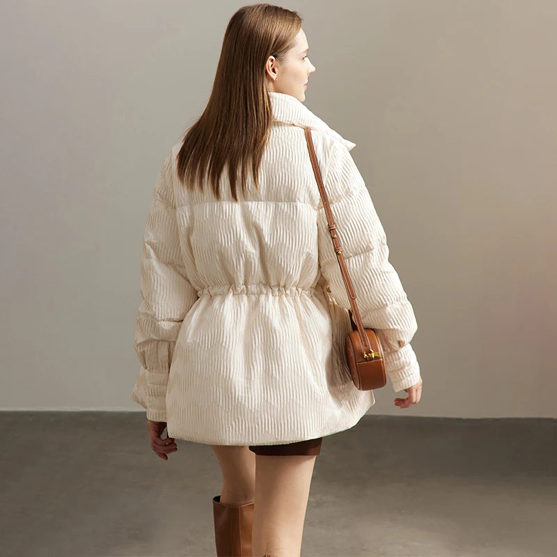 Women's Lightweight Duck Down Puffer Coat with Stand Collar in Beige