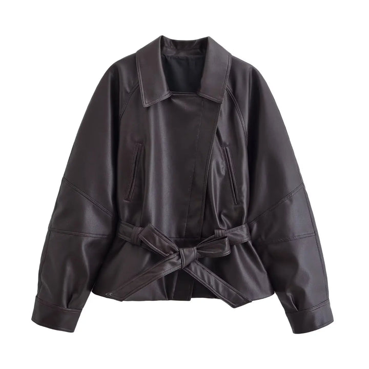 Women's Faux Leather Trench Coat, Belted Lapel Vintage Moto Jacket