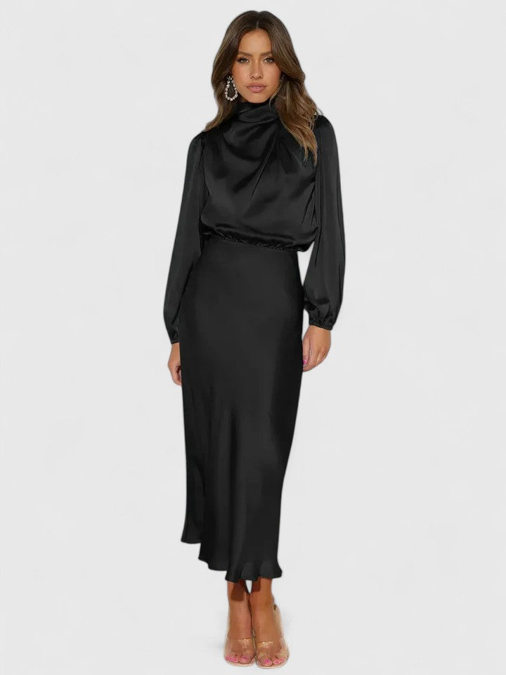 Women's High Neck A-Line Maxi Dress with Lantern Sleeves in Black