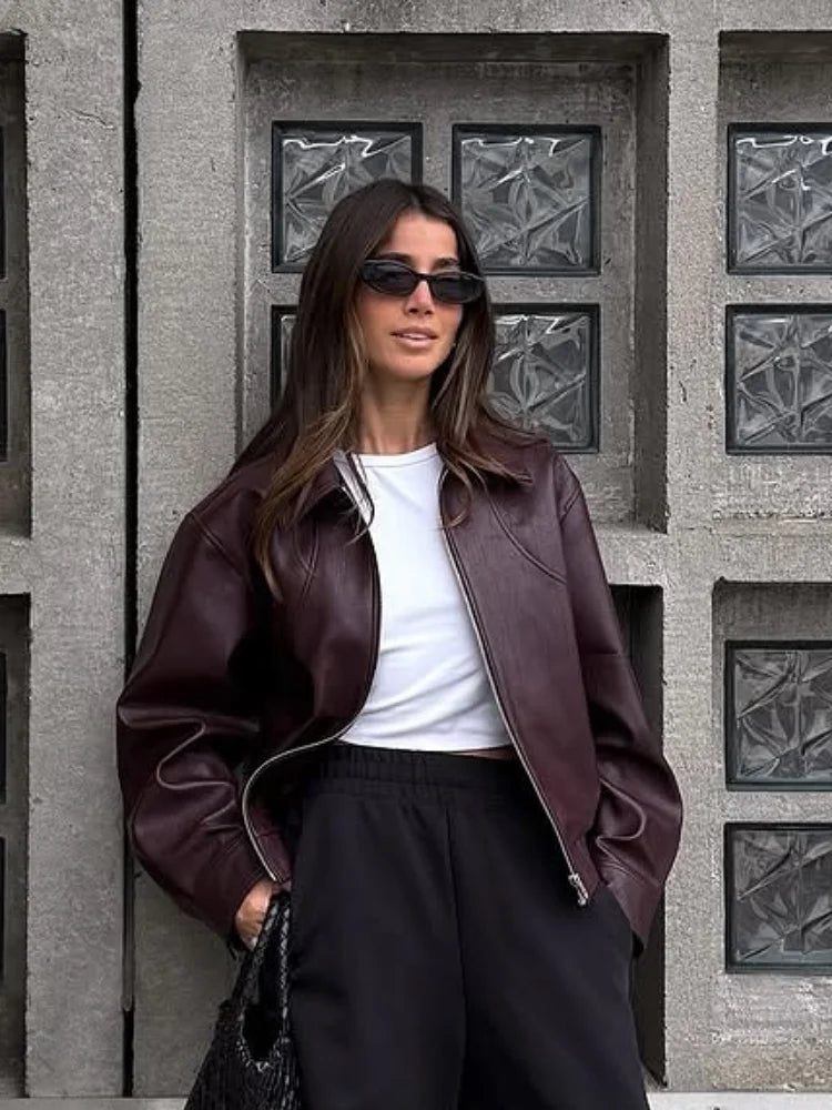 Women's Wine Red Faux Leather Short Jacket with Lapel Collar, view 3