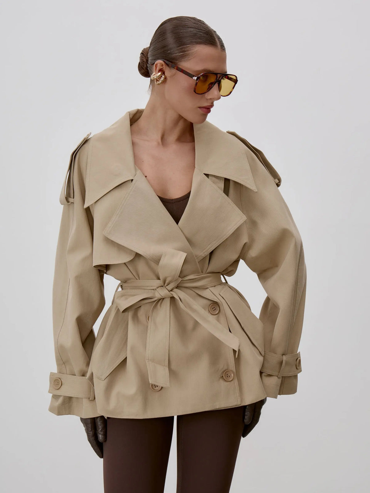 Women's Long Tie-Waist Button-Front Trench Coat in Apricot