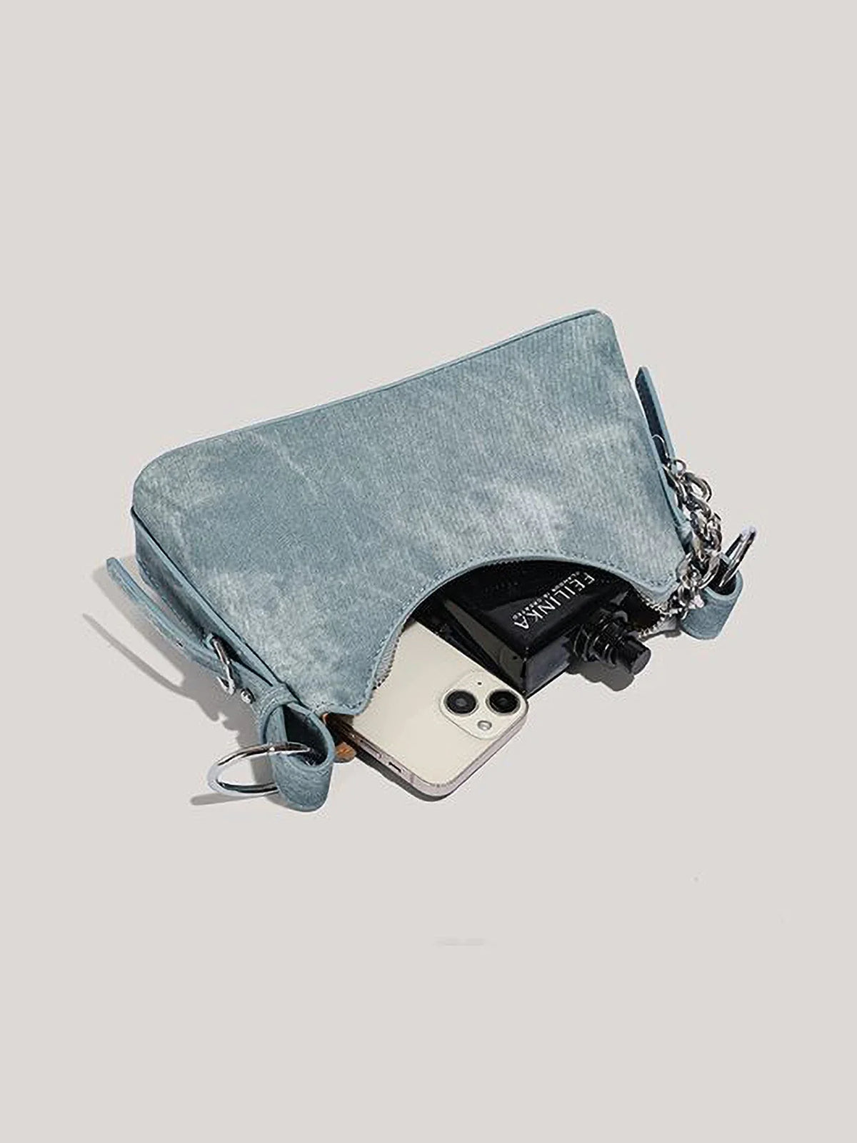 Women's Denim Shoulder Bag with Chunky Chain Strap, view 5