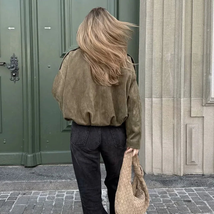 Women's Bomber Jacket, Turn Down Collar Loose Vintage Fall Coat