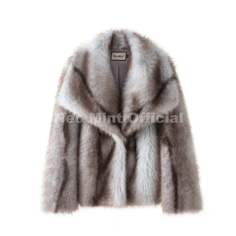 Women's Striped Faux Fur Jacket with Fluffy Collar in Blue Stripe